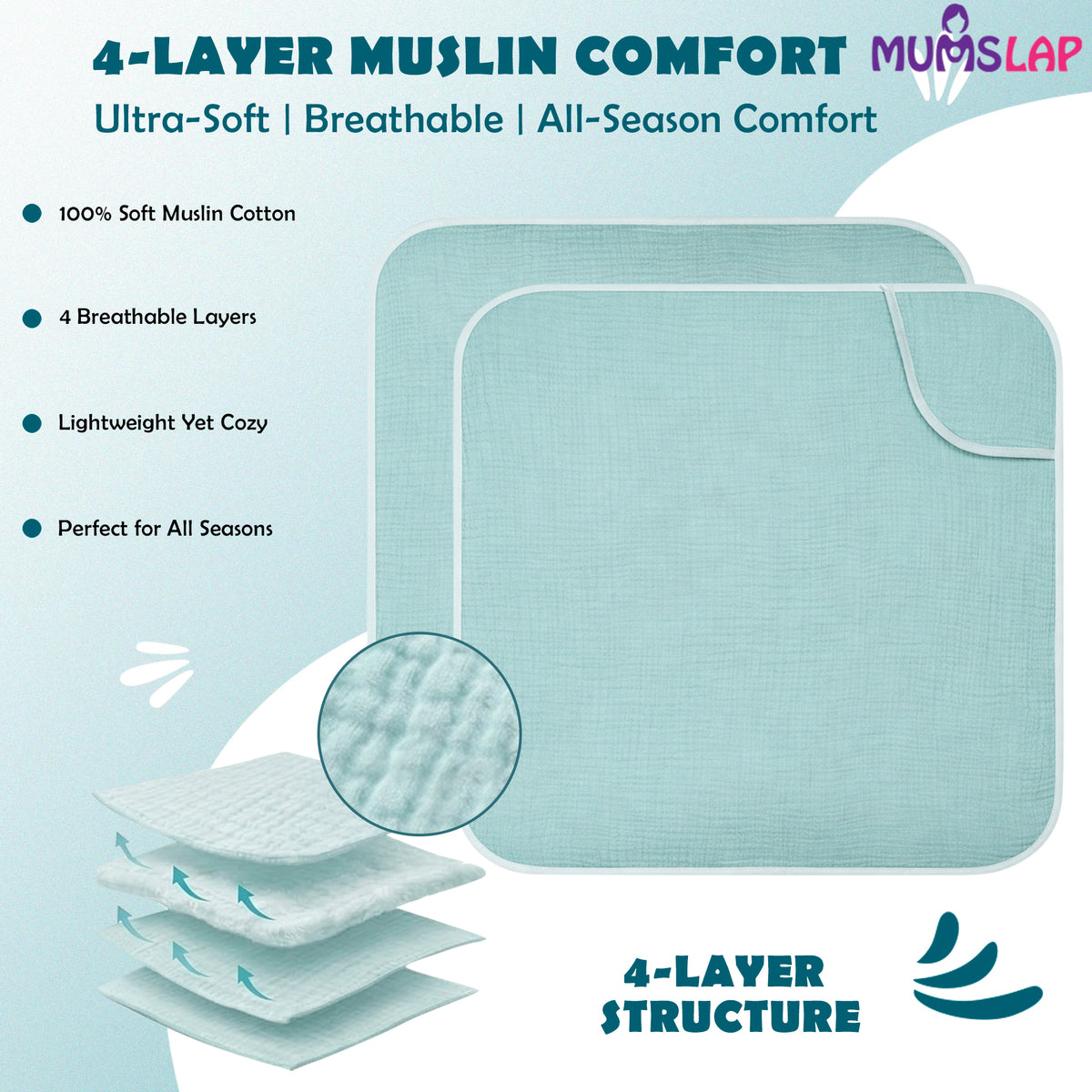 MumsLap 4-Layer Muslin Hooded Baby Towel | Ice Blue | Ultra Soft & Absorbent Cotton Bath Towel for Newborns & Kids