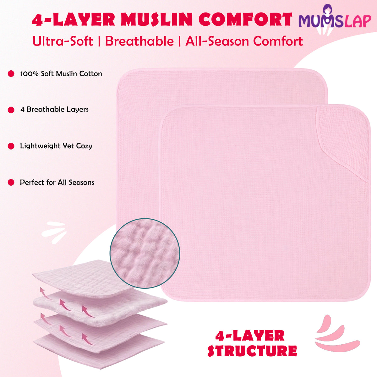 MumsLap 4-Layer Muslin Hooded Baby Towel | Pink | Ultra Soft & Absorbent Cotton Bath Towel for Newborns & Kids