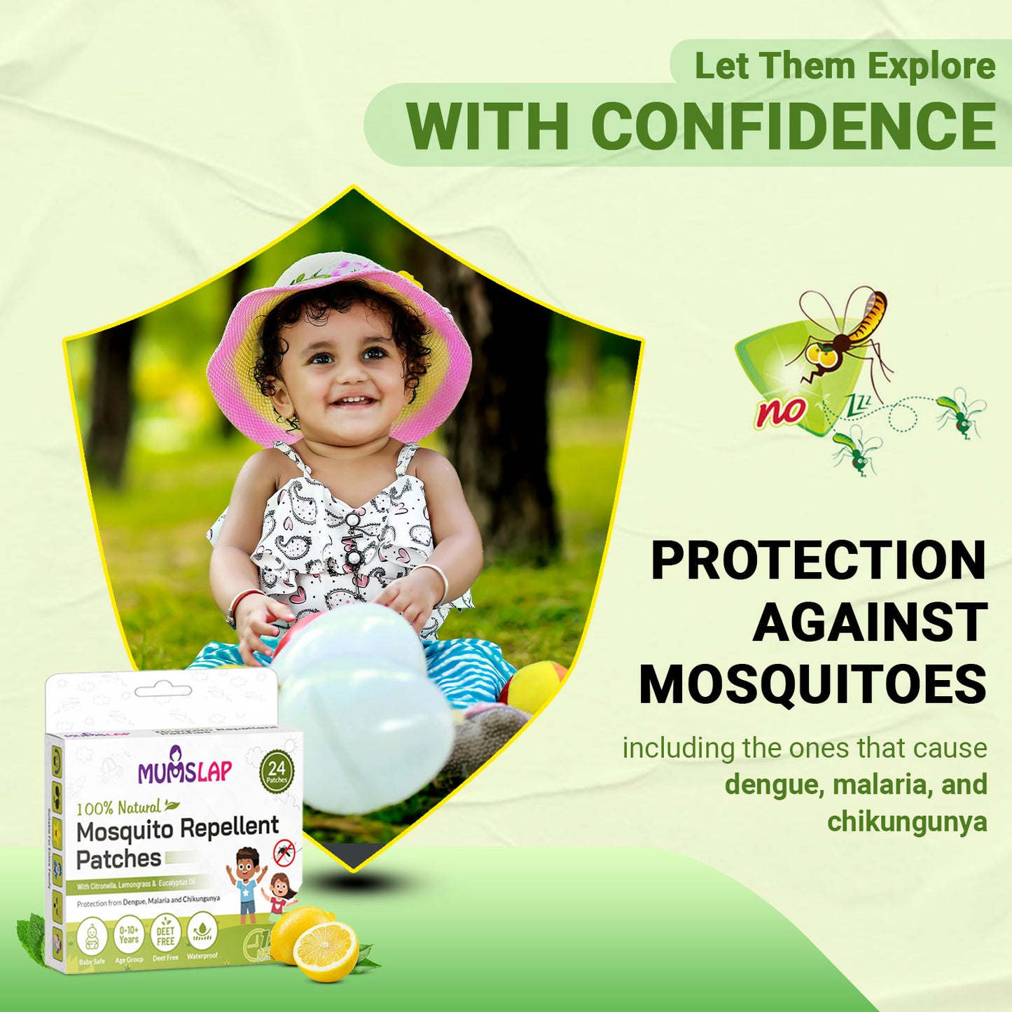 MumsLap Natural Mosquito Repellent Patches for Babies & Kids-Upto 12Hr Protection with Citronella,Lemongrass& Eucalyptus Oil|Anti-Mosquito Stickers|Guards Against Dengue,Malaria& Chikungunya-Pack of 1