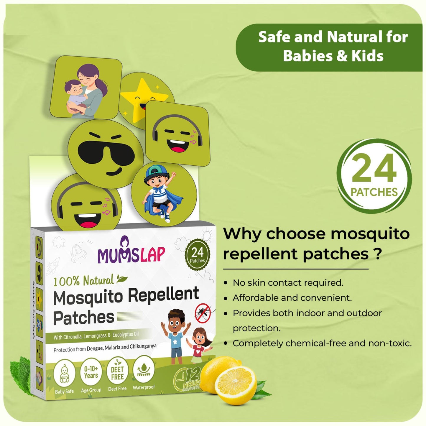 MumsLap Natural Mosquito Repellent Patches for Babies & Kids-Upto 12Hr Protection with Citronella,Lemongrass& Eucalyptus Oil|Anti-Mosquito Stickers|Guards Against Dengue,Malaria& Chikungunya-Pack of 1