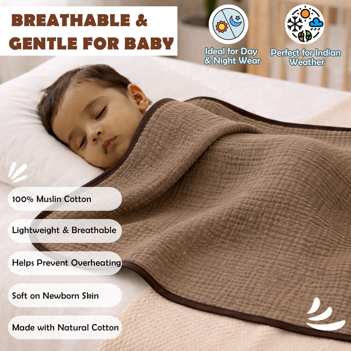 MumsLap 4-Layer Muslin Hooded Baby Towel | Coffee | Ultra Soft & Absorbent Cotton Bath Towel for Newborns & Kids