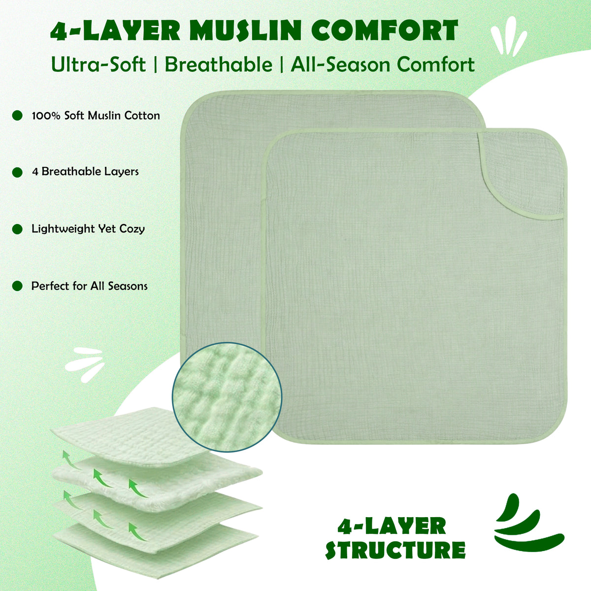 MumsLap 4-Layer Muslin Hooded Baby Towel | Aqua Green | Ultra Soft & Absorbent Cotton Bath Towel for Newborns & Kids