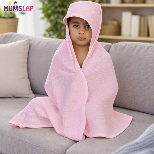 MumsLap 4-Layer Muslin Hooded Baby Towel | Pink | Ultra Soft & Absorbent Cotton Bath Towel for Newborns & Kids
