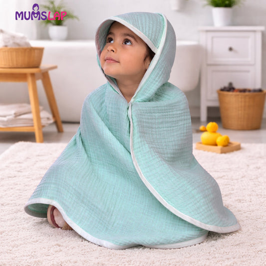 MumsLap 4-Layer Muslin Hooded Baby Towel | Ice Blue | Ultra Soft & Absorbent Cotton Bath Towel for Newborns & Kids