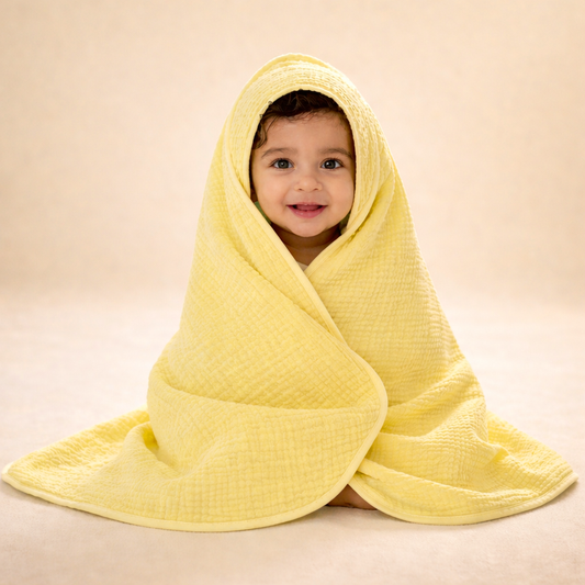 MumsLap 4-Layer Muslin Hooded Baby Towel | Yellow | Ultra Soft & Absorbent Cotton Bath Towel for Newborns & Kids