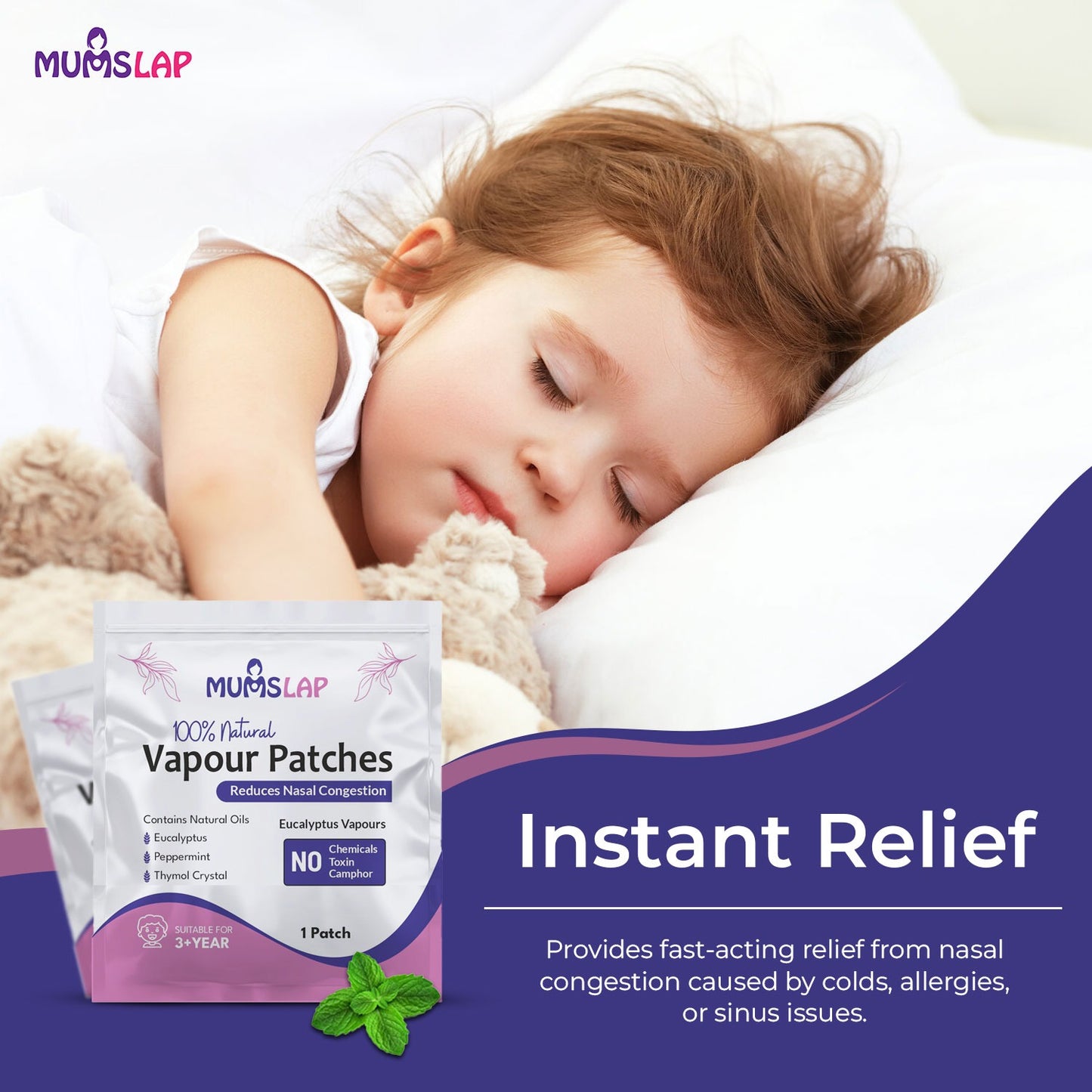 MumsLap Natural Vapour Patch for Kids | Cold & Congestion Relief with Eucalyptus & Peppermint, Relieves Blocked Nose & Cough, Safe, No Skin Application, Up to 8-Hour Protection