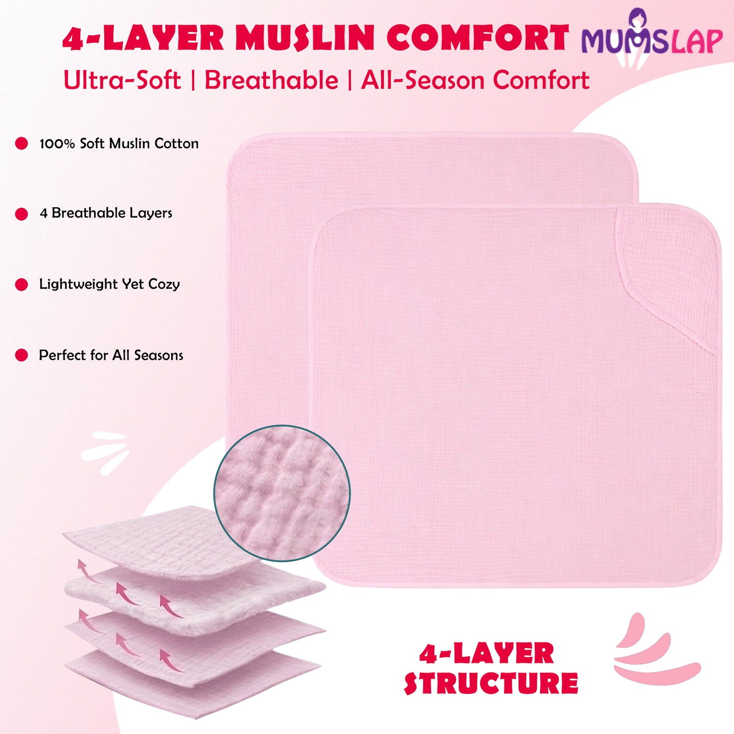 MumsLap 4-Layer Muslin Hooded Baby Towel | Ultra Soft & Absorbent Cotton Bath Towel for Newborns & Kids