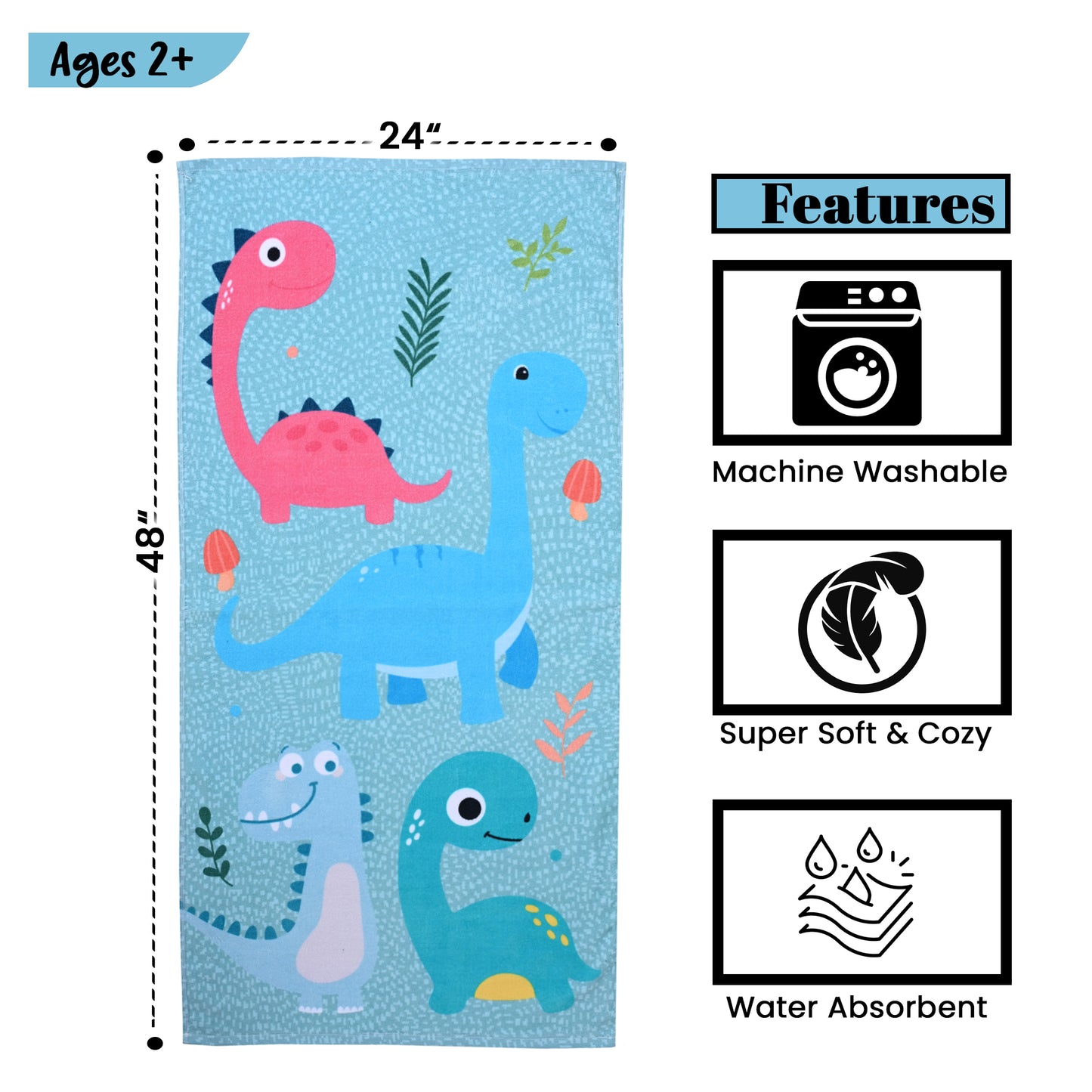MumsLap Premium Soft & Absorbent 100% Cotton Kids Bath Towel | 380 GSM | Large, Quick Dry, Strong | Versatile for Bath, Pool, and Beach (Dinosaur Print)