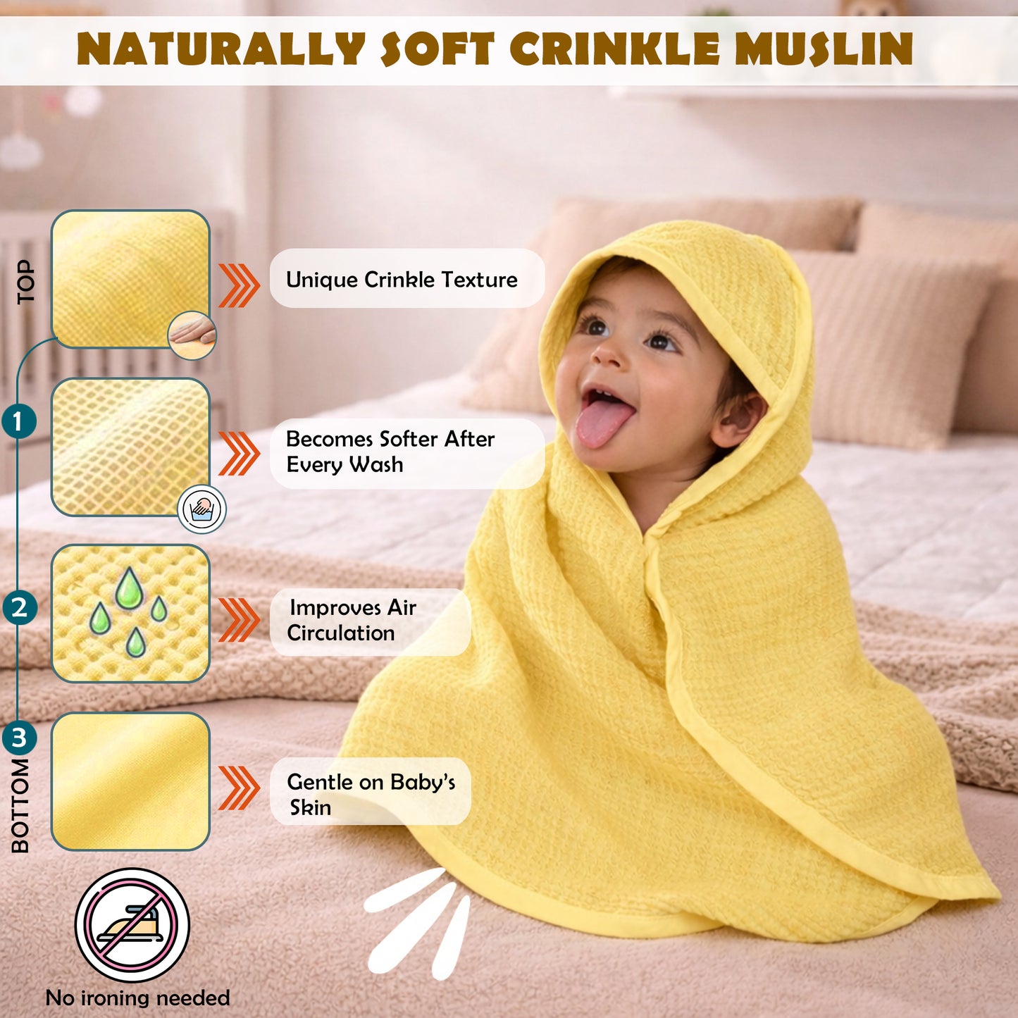 MumsLap 4-Layer Muslin Hooded Baby Towel | Ultra Soft & Absorbent Cotton Bath Towel for Newborns & Kids