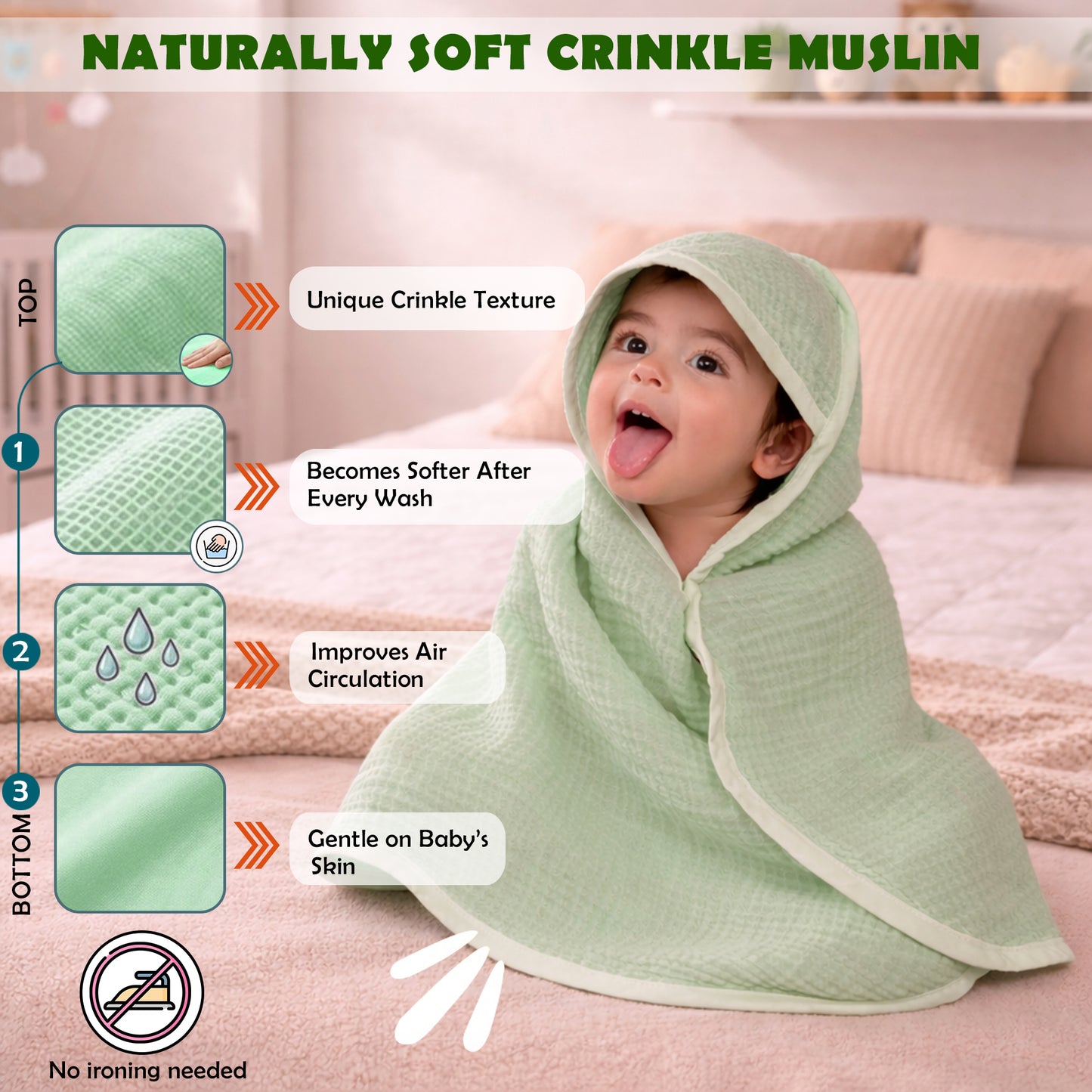 MumsLap 4-Layer Muslin Hooded Baby Towel | Ultra Soft & Absorbent Cotton Bath Towel for Newborns & Kids