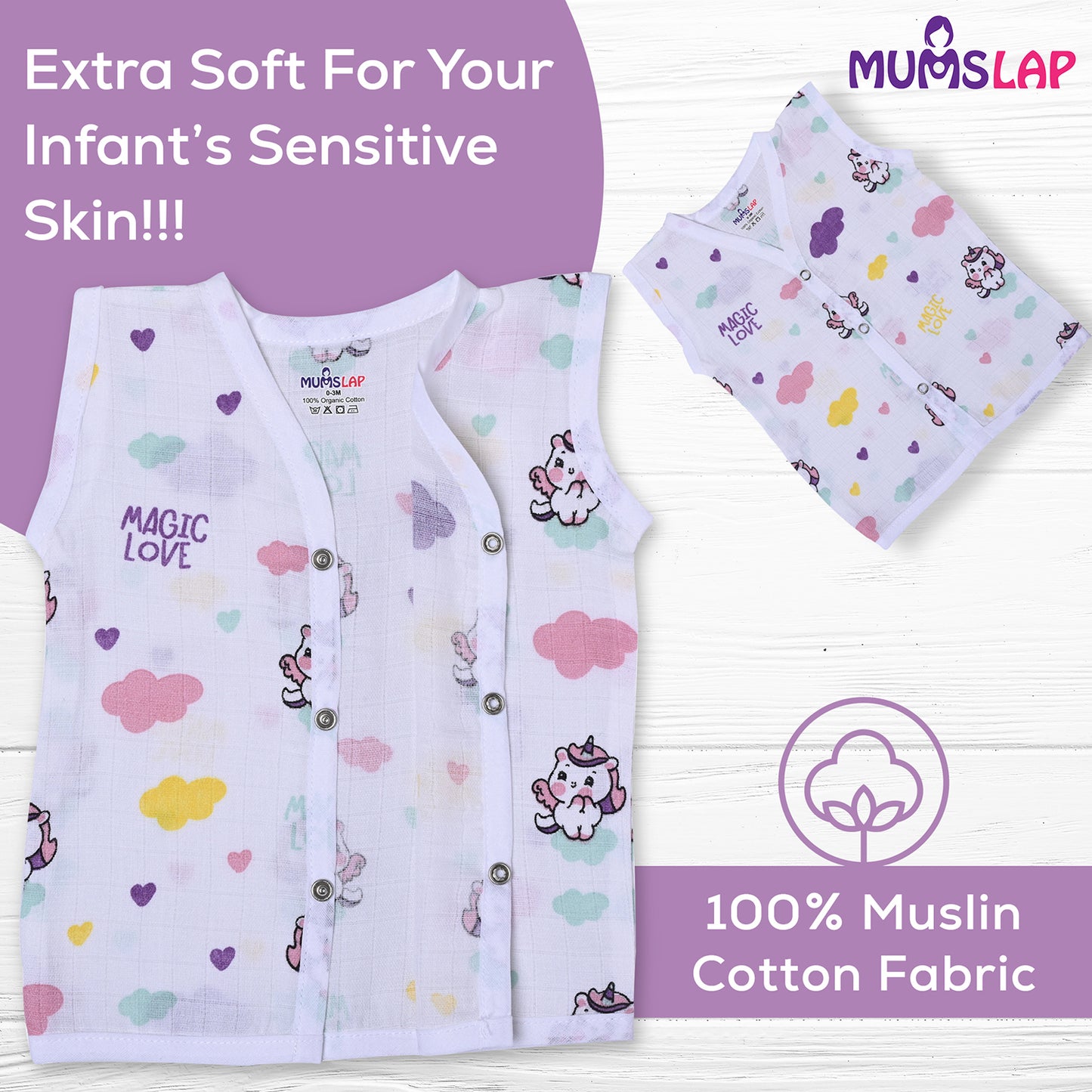 MumsLap Organic Cotton Muslin Jhablas for Boy and Girl New Born to 12 months | Pack of 5 | Beautiful Prints (Unicorn, Koala, Cars, Vegetables and Baloons) | Sleeveless Vest | Baby Shower Gift