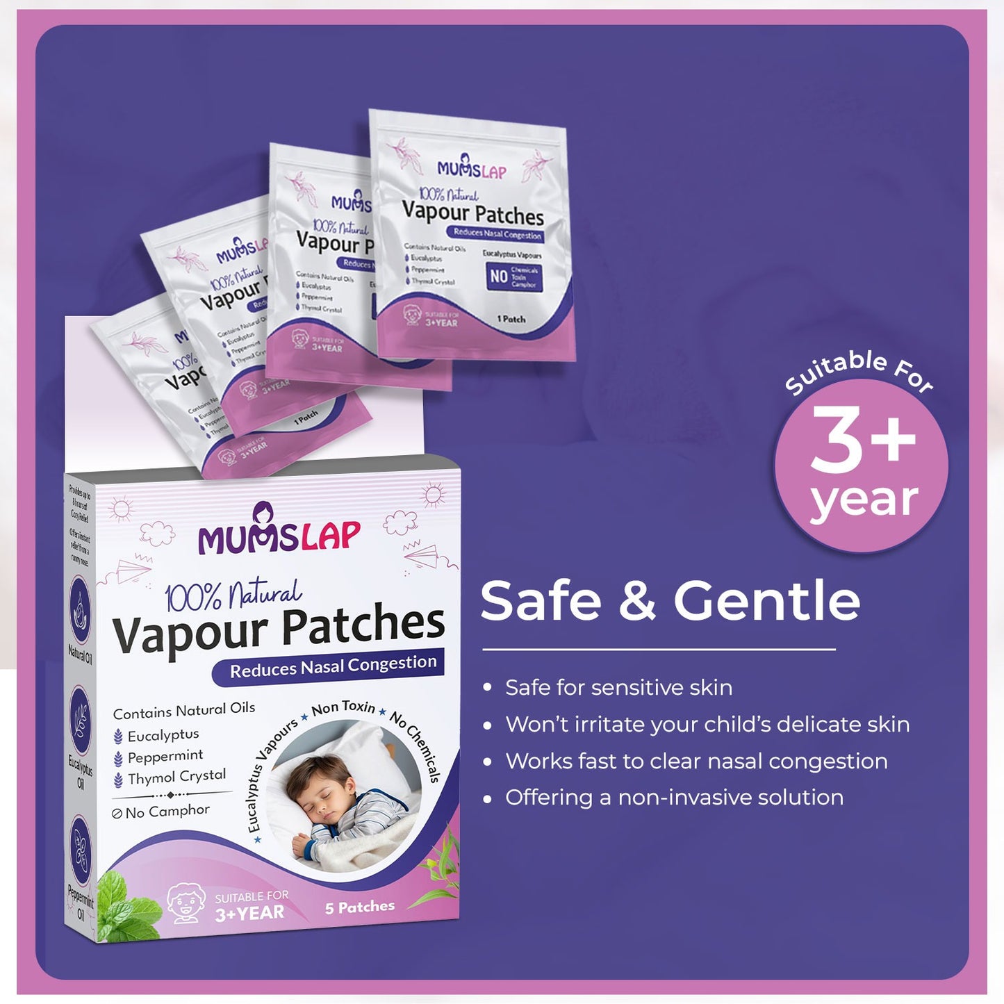 MumsLap Natural Vapour Patch for Kids | Cold & Congestion Relief with Eucalyptus & Peppermint, Relieves Blocked Nose & Cough, Safe, No Skin Application, Up to 8-Hour Protection
