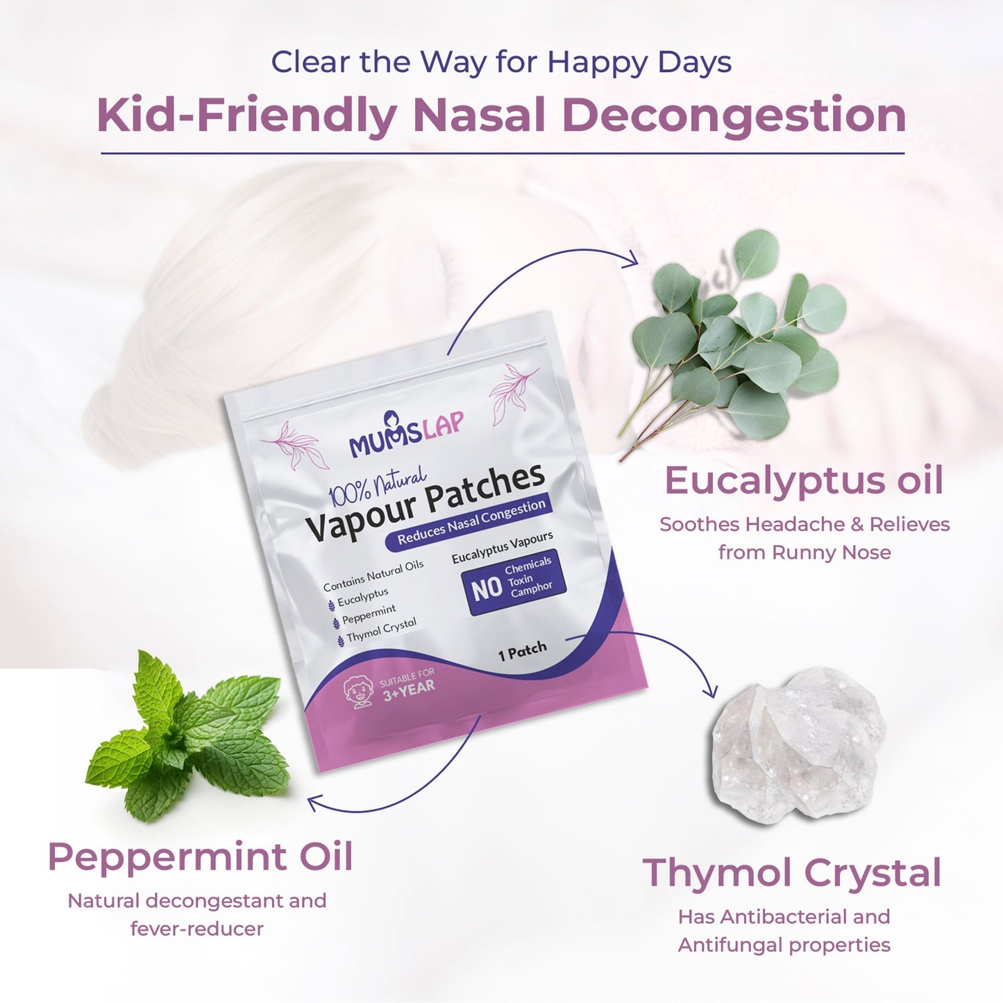 MumsLap Natural Vapour Patch for Kids | Cold & Congestion Relief with Eucalyptus & Peppermint, Relieves Blocked Nose & Cough, Safe, No Skin Application, Up to 8-Hour Protection