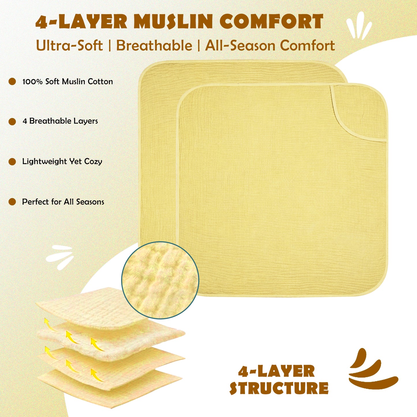MumsLap 4-Layer Muslin Hooded Baby Towel | Ultra Soft & Absorbent Cotton Bath Towel for Newborns & Kids