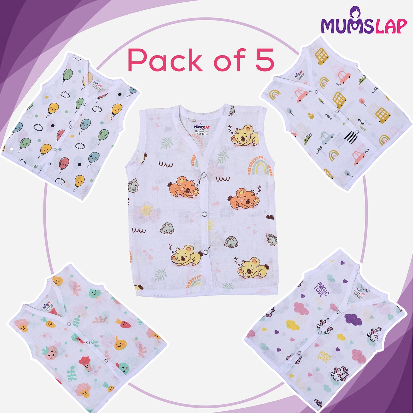 MumsLap Organic Cotton Muslin Jhablas for Boy and Girl New Born to 12 months | Pack of 5 | Beautiful Prints (Unicorn, Koala, Cars, Vegetables and Baloons) | Sleeveless Vest | Baby Shower Gift