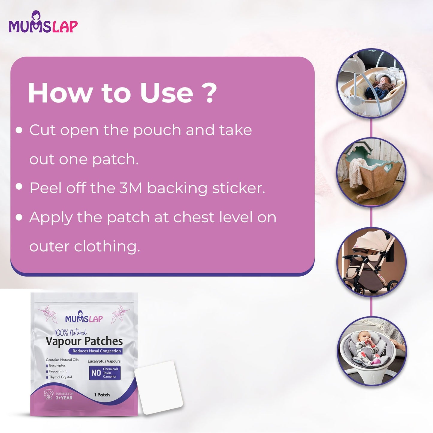 MumsLap Natural Vapour Patch for Kids | Cold & Congestion Relief with Eucalyptus & Peppermint, Relieves Blocked Nose & Cough, Safe, No Skin Application, Up to 8-Hour Protection