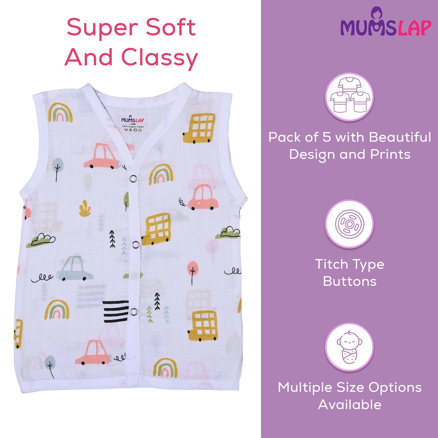 MumsLap Organic Cotton Muslin Jhablas for Boy and Girl New Born to 12 months | Pack of 5 | Beautiful Prints (Unicorn, Koala, Cars, Vegetables and Baloons) | Sleeveless Vest | Baby Shower Gift