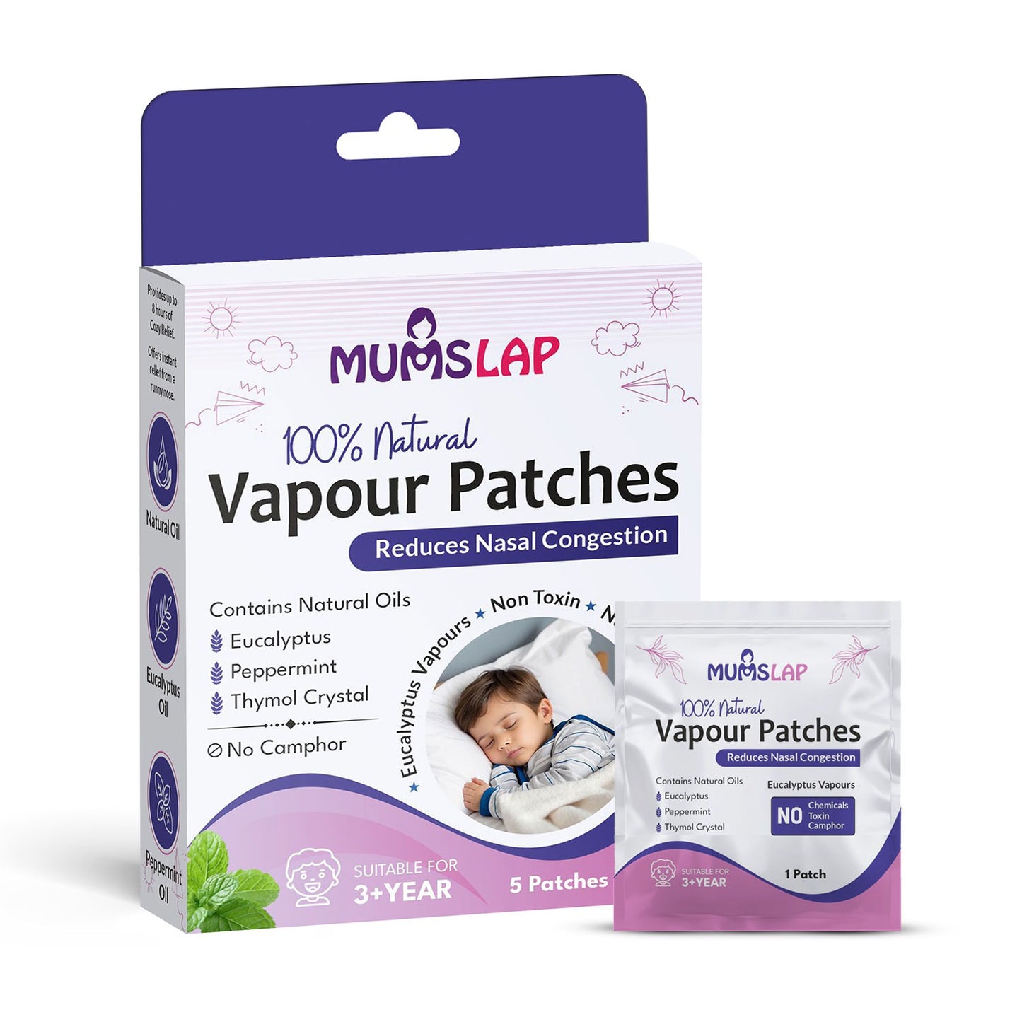 MumsLap Natural Vapour Patch for Kids | Cold & Congestion Relief with Eucalyptus & Peppermint, Relieves Blocked Nose & Cough, Safe, No Skin Application, Up to 8-Hour Protection