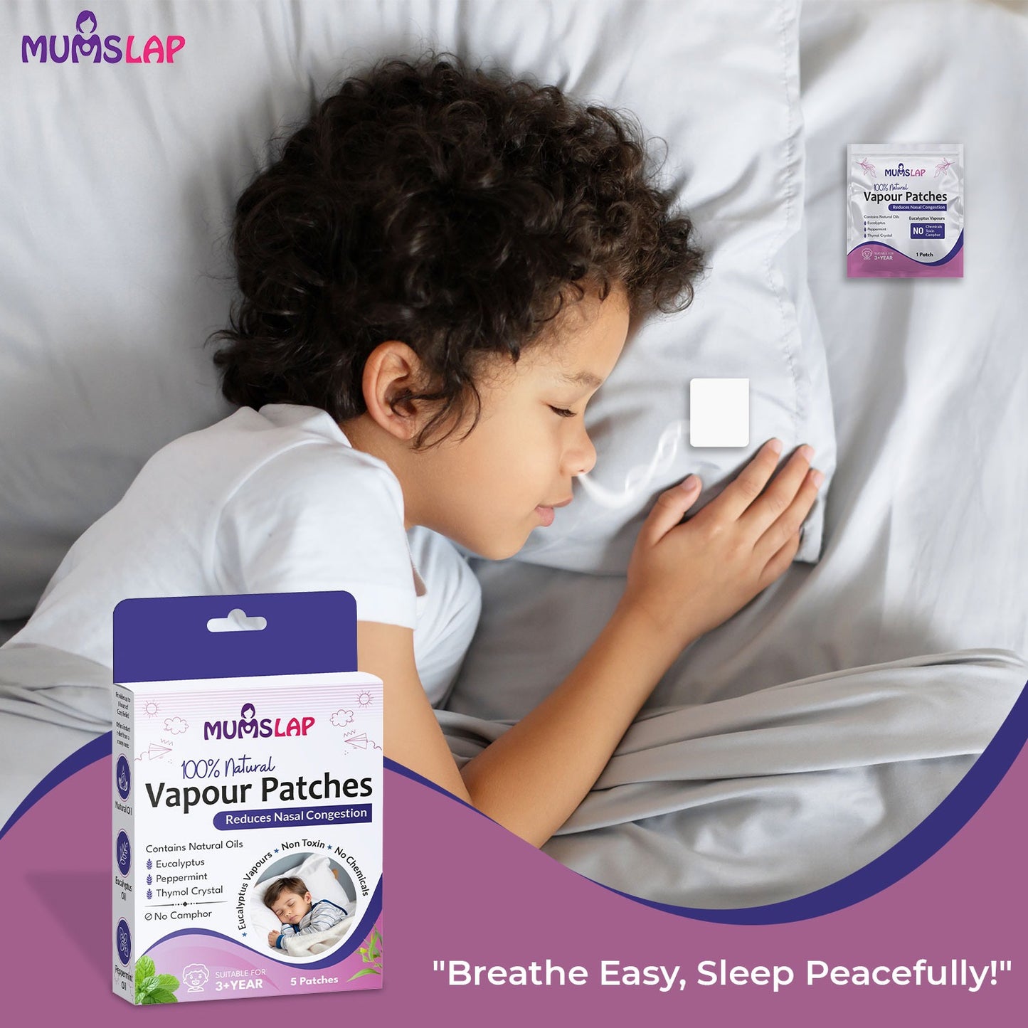 MumsLap Natural Vapour Patch for Kids | Cold & Congestion Relief with Eucalyptus & Peppermint, Relieves Blocked Nose & Cough, Safe, No Skin Application, Up to 8-Hour Protection