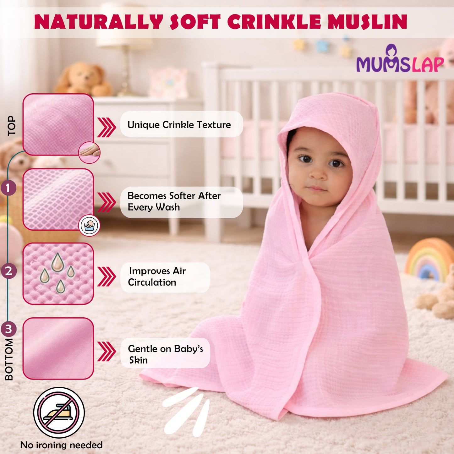 MumsLap 4-Layer Muslin Hooded Baby Towel | Ultra Soft & Absorbent Cotton Bath Towel for Newborns & Kids