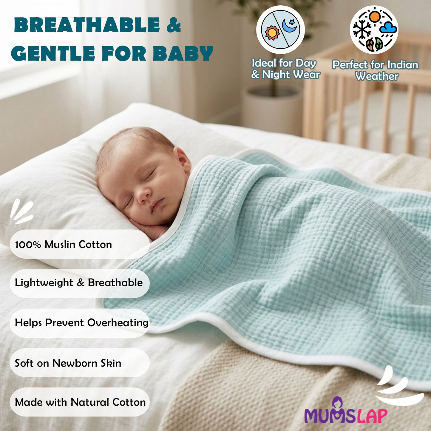 MumsLap 4-Layer Muslin Hooded Baby Towel | Ultra Soft & Absorbent Cotton Bath Towel for Newborns & Kids