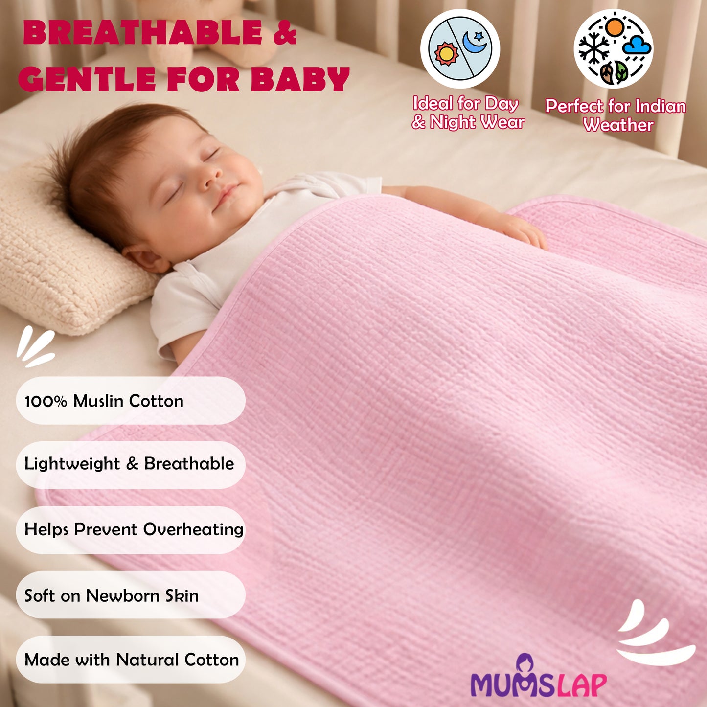 MumsLap 4-Layer Muslin Hooded Baby Towel | Ultra Soft & Absorbent Cotton Bath Towel for Newborns & Kids