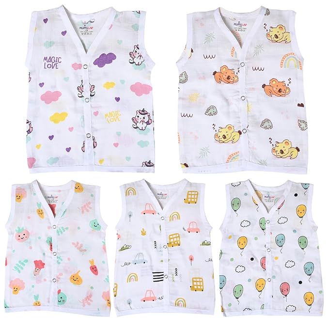 MumsLap Organic Cotton Muslin Jhablas for Boy and Girl New Born to 12 months | Pack of 5 | Beautiful Prints (Unicorn, Koala, Cars, Vegetables and Baloons) | Sleeveless Vest | Baby Shower Gift