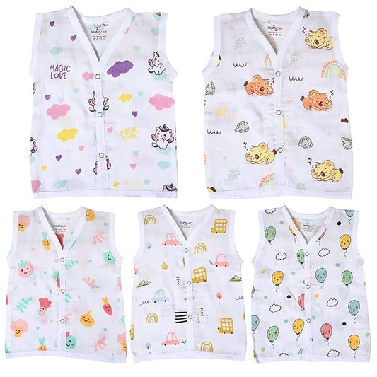 MumsLap Organic Cotton Muslin Jhablas for Boy and Girl New Born to 12 months | Pack of 5 | Beautiful Prints (Unicorn, Koala, Cars, Vegetables and Baloons) | Sleeveless Vest | Baby Shower Gift