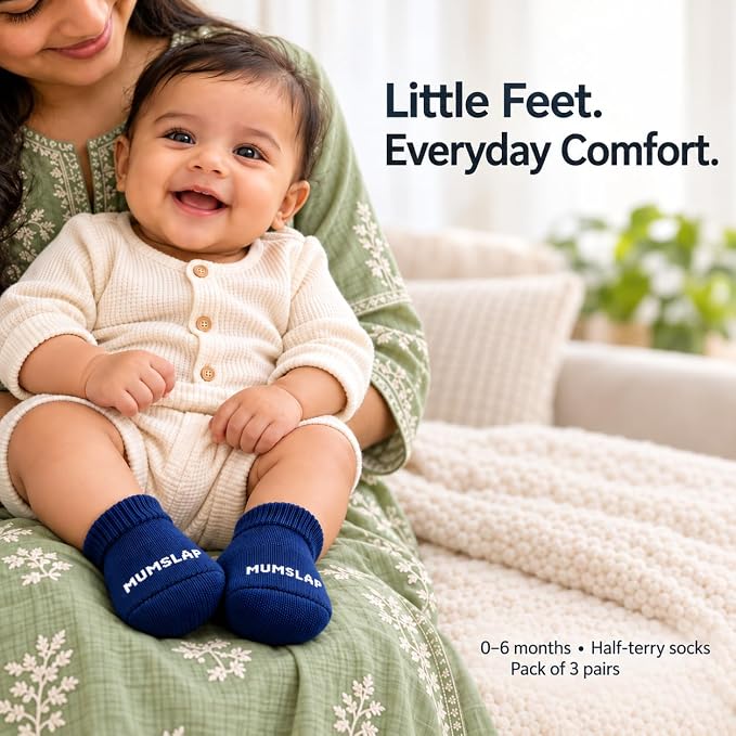 Baby Socks for Newborn to 6 Months, Navy Blue, Light Blue, Grey Marl, Soft & Cute Cotton Socks for Baby Boys & Girls, Plain Design Comfortable Infant Socks, Unisex Baby Socks (0-6 M, Pack of 3)