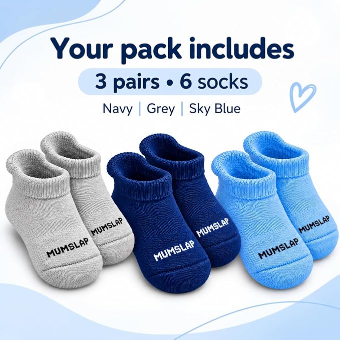Baby Socks for Newborn to 6 Months, Navy Blue, Light Blue, Grey Marl, Soft & Cute Cotton Socks for Baby Boys & Girls, Plain Design Comfortable Infant Socks, Unisex Baby Socks (0-6 M, Pack of 3)