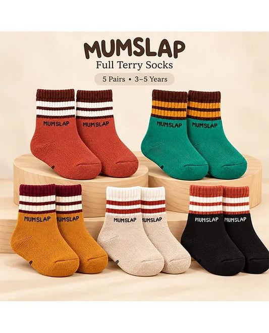 MumsLap Cotton Knit Pack Of 5 Colour Blocked Socks (3-5 years) - Black White Mustard Green & Red