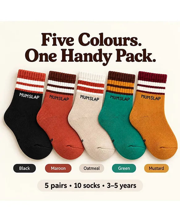 MumsLap Cotton Knit Pack Of 5 Colour Blocked Socks (3-5 years) - Black White Mustard Green & Red