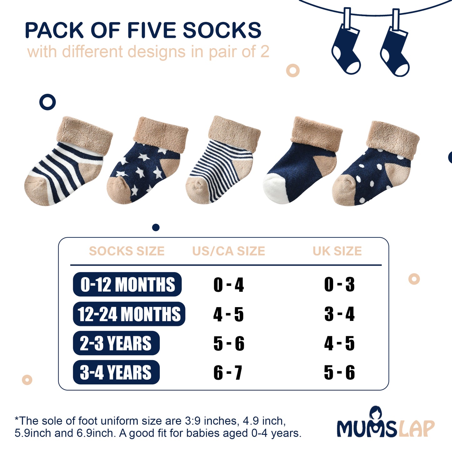 Baby Boys & Girls socks (Set of 5 pairs) - Dark Blue