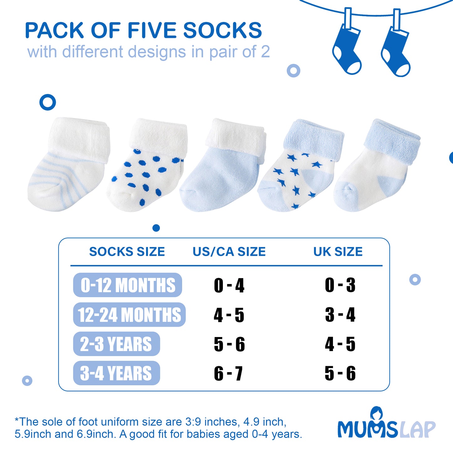 Baby Boys & Girls socks (Set of 5 pairs) - Blue