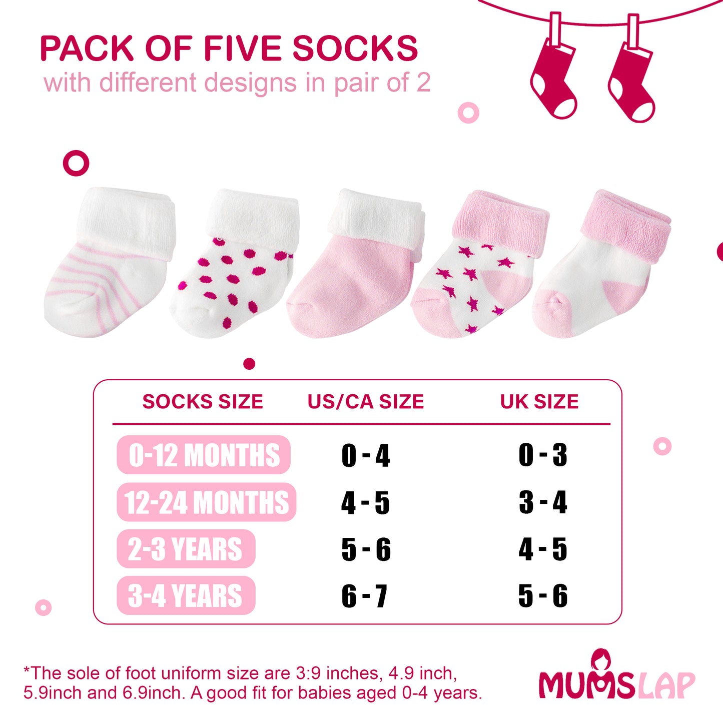 Baby Boys & Girls socks (Set of 5 pairs) - Pink