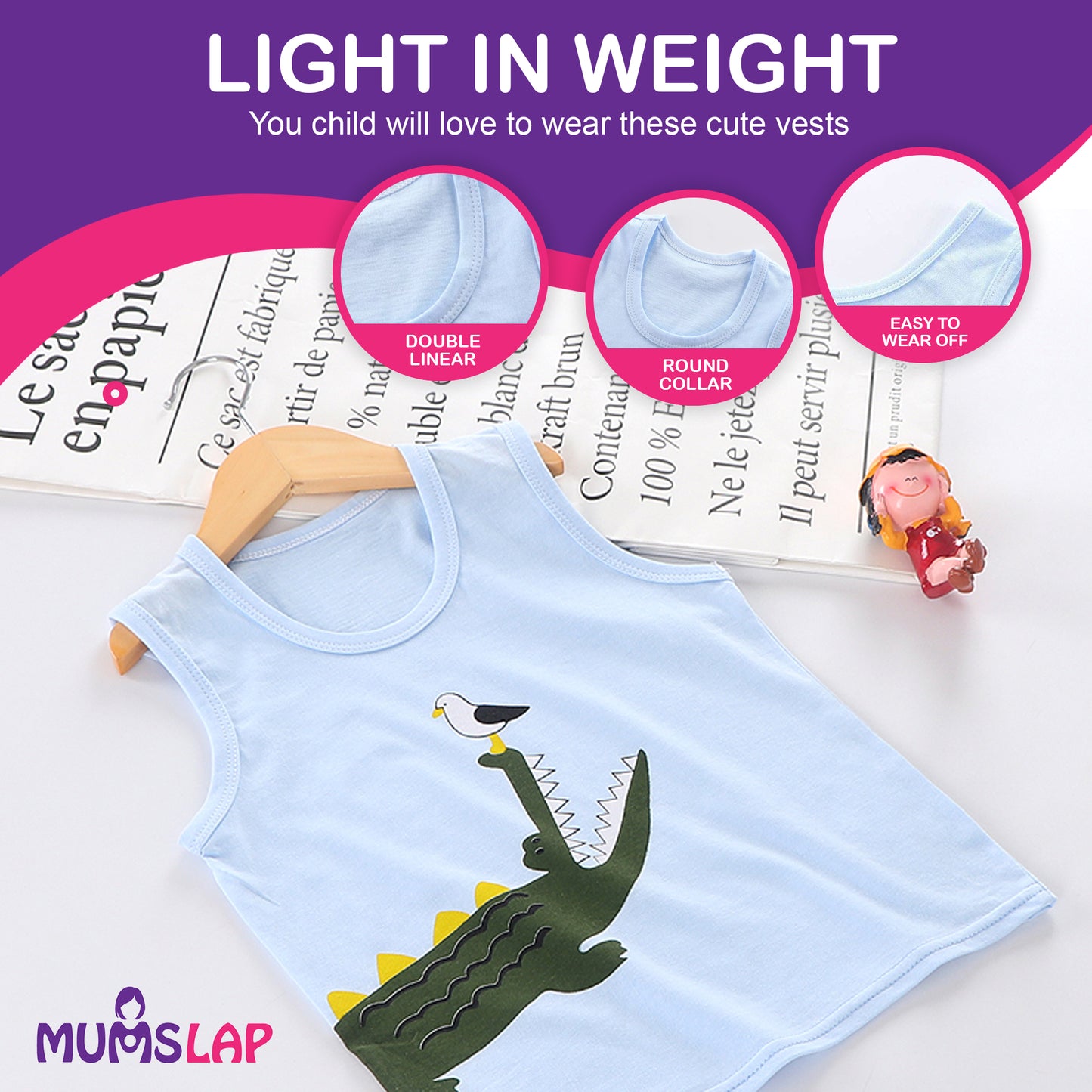 100% Cotton Sleeveless Vests | Sando for boys and girls (Pack of 5)